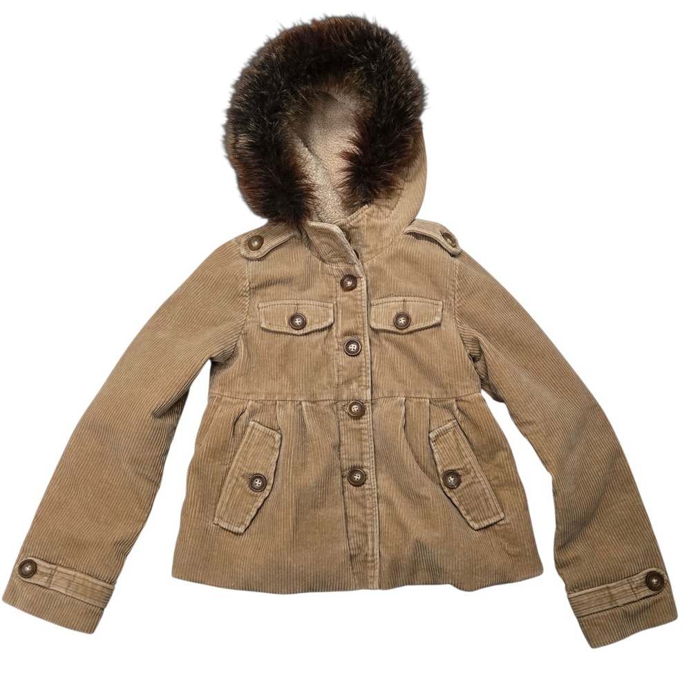 Y2K GAP KIDS Girls Sz 8 Fit &Flare Corduroy Sherpa Lined COAT Faux Fur Trim Hood